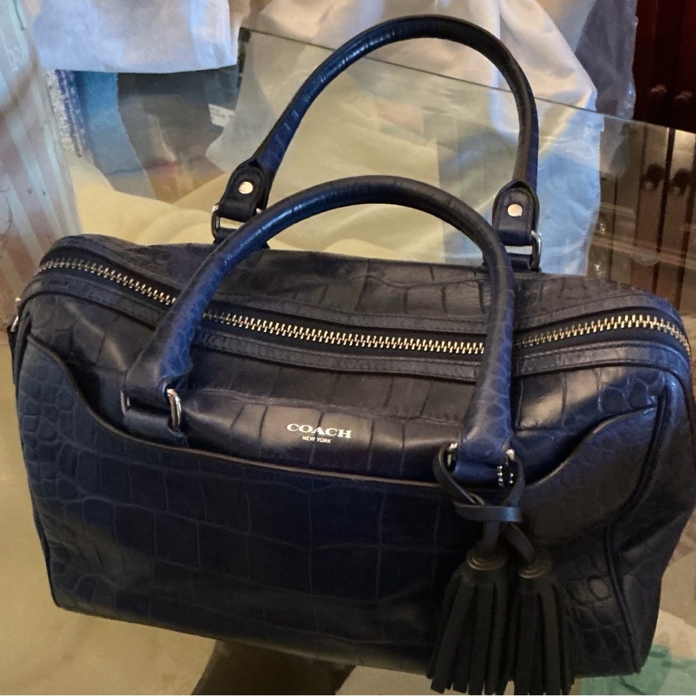Authentic Coach Croc-Embossed Leather Satchel in Deep Navy